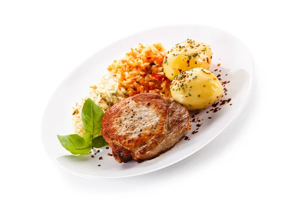Baked Pork Meat Boiled Potatoes Cabbage Salad White Plate — Stock Photo, Image