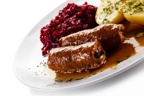 Stewed Meat Rolls Boiled Potatoes Beet Salad Served White Plate — Stock Photo, Image