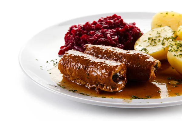 Stewed Meat Rolls Boiled Potatoes Beet Salad Served White Plate — Stock Photo, Image