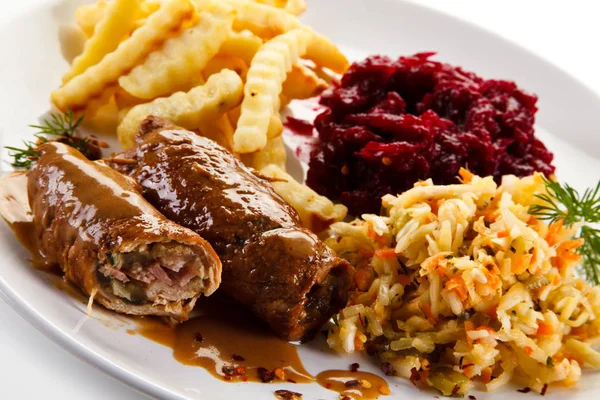 Stewed Meat Rolls Wavy French Fries Cabbage Beet Salads Served — Stock Photo, Image