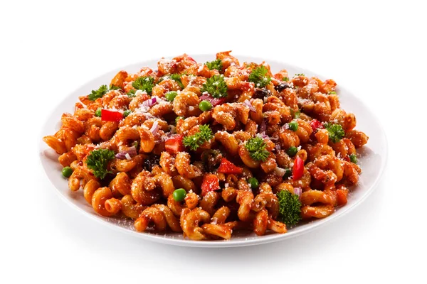 Pittige Vegetarische Macaroni Met Tomatensaus Paprika Broccoli Champignons Geserveerd Witte — Stockfoto