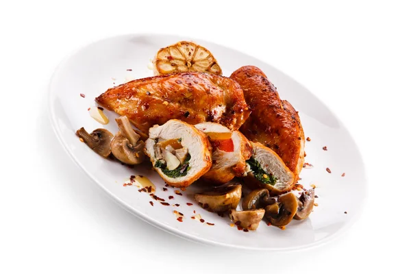 Rouleaux Poulet Farcis Aux Champignons Cuits Four Sur Une Assiette — Photo