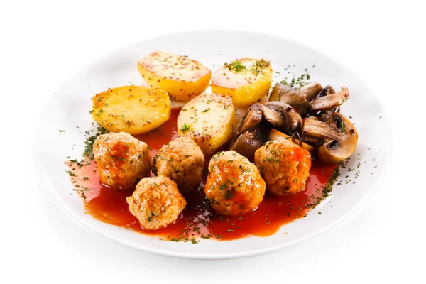 Stewed Meatbals Tomato Sauce Baked Potato Mushrooms White Plate — Stock Photo, Image