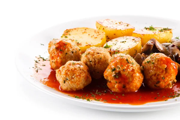 Stewed Meatbals Tomato Sauce Baked Potato Mushrooms White Plate — Stock Photo, Image