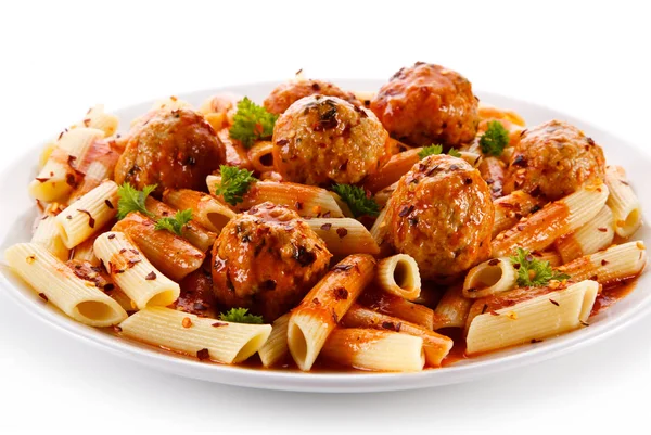 Macaroni Tomato Sauce Meatballs White Plate — Stock Photo, Image