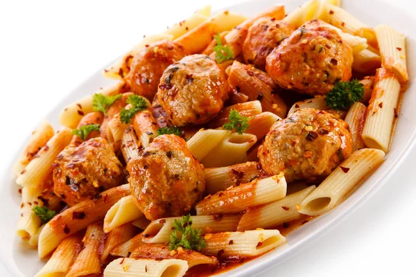 Macaroni Tomato Sauce Meatballs White Plate — Stock Photo, Image