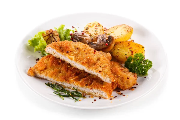 Breaded Sliced Chicken Schnitzel Baked Potatoes Mushrooms Garlic White Plate — Stock Photo, Image