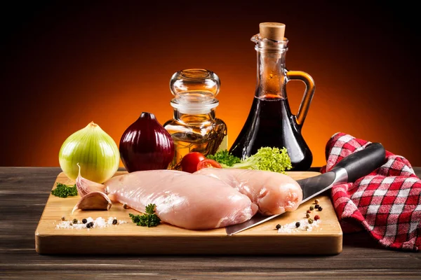 Raw Chicken Fillet Wooden Board Seasonings Wooden Table — Stock Photo, Image