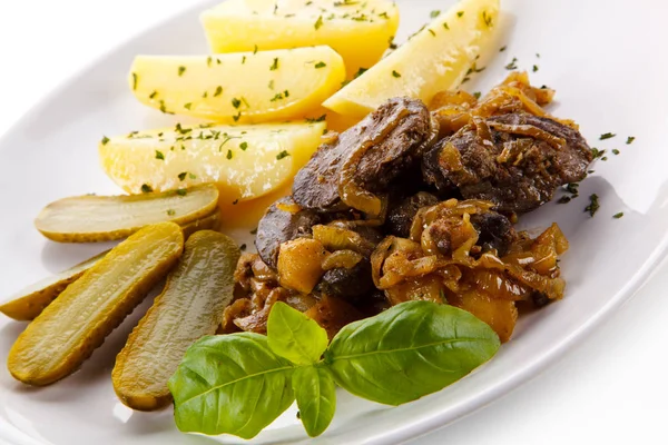Potato Quarters Pickles Stewed Meat White Plate — Stock Photo, Image