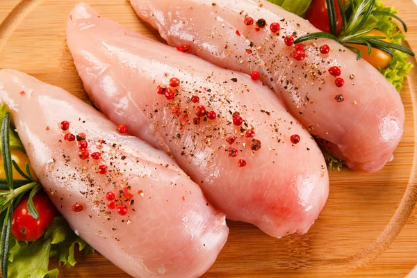 Raw Chicken Breasts Wooden Board Spices — Stock Photo, Image