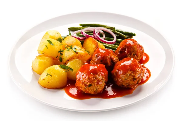 Boiled Potatoes Meatballs Green Beans — Stock Photo, Image