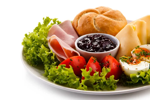 Delisious Breakfast Plate Bun Jam Cheese Ham Eggs Vegetables — Stock Photo, Image