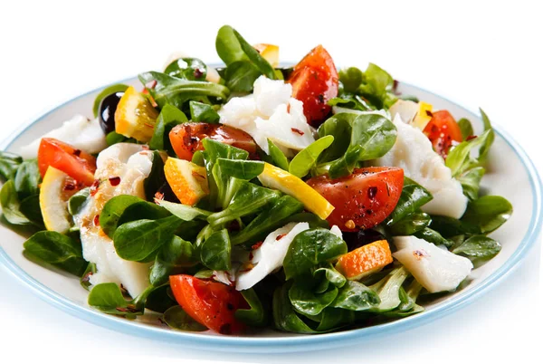 Salade Végétarienne Aux Épinards Tomates Poivre Olives Mozzarella Citron — Photo