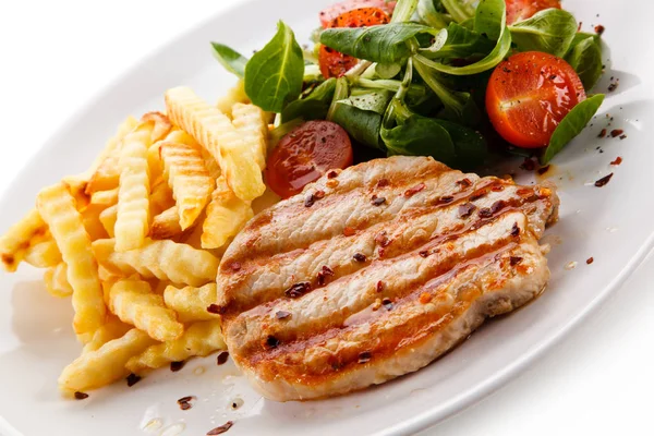 Grilled Pork Steak Wavy French Fries Vegetable Salad — Stock Photo, Image