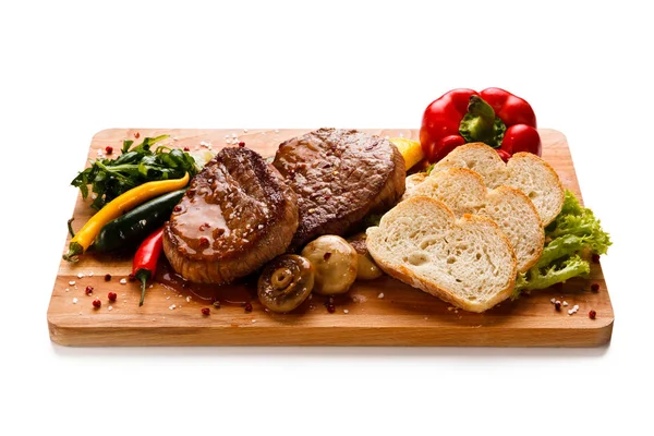 Beef Steaks Peppers Bread Slices Wooden Board — Stock Photo, Image