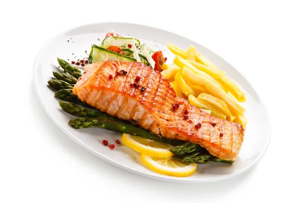 Grilled Salmon Steak French Fries Asparagus Vegetables — Stock Photo, Image