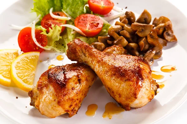 Roasted Chicken Legs Honey Sauce Vegetables Lemon White Plate — Stock Photo, Image