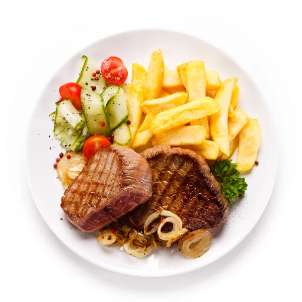 Medium Grilled Beef Steaks Fried Potatoes Salad White Plate — Stock Photo, Image