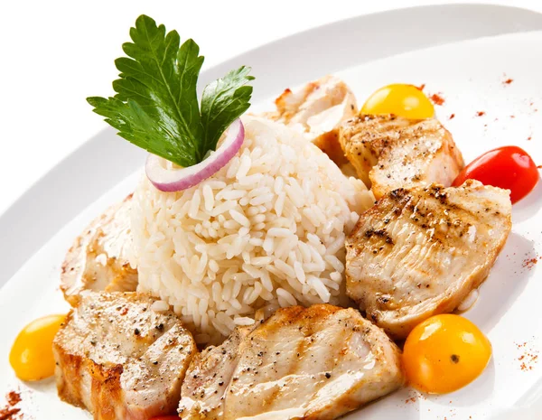 Rice Grilled Chicken Slices Cherry Tomatoes White Plate — Stock Photo, Image