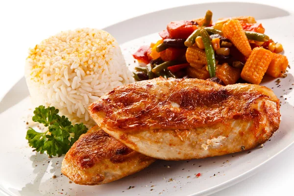 Spicy Asian Rice Roasted Chicken Breasts Stewed Vegetables — Stock Photo, Image