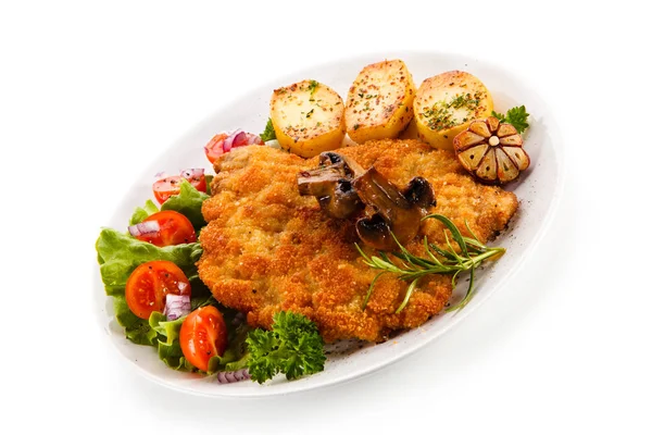Chicken Schnitzel Baked Potatoes Salad White Plate — Stock Photo, Image