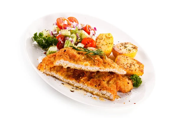 Spicy Chicken Breaded Cutlet Boiled Potatoes Fresh Salad White Plate — Stock Photo, Image