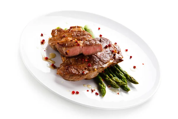 Roasted Juicy Pork Asparagus Served White Plate — Stock Photo, Image