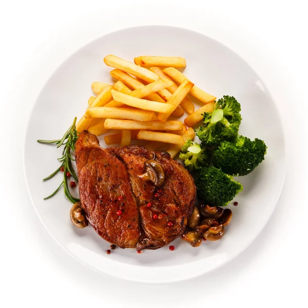 Roasted Pork French Fries Broccoli Served White Plate — Stock Photo, Image