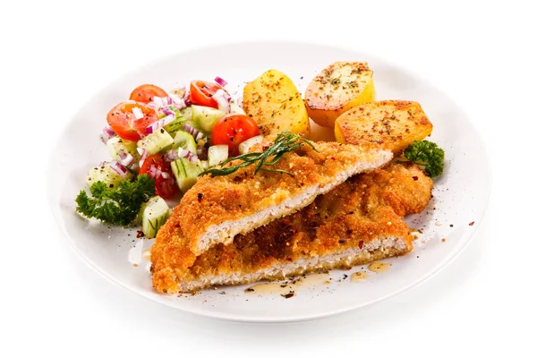 Spicy Chicken Breaded Cutlet Boiled Potatoes Fresh Salad White Plate — Stock Photo, Image