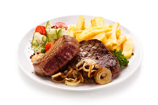 Medium Grilled Beef Steaks Fried Potatoes Salad White Plate — Stock Photo, Image