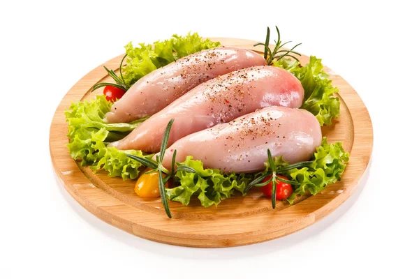 Raw Chicken Breasts Lettuce Onion Rings Wooden Board — Stock Photo, Image