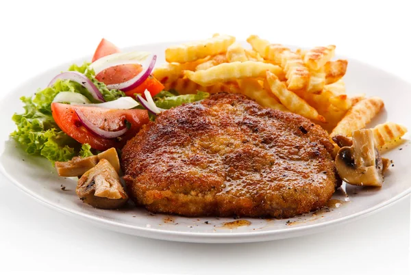 Breaded Pork Cutlet Wavy French Fries Mushrooms Fresh Vegetables Served — Stock Photo, Image