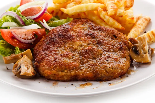 Breaded Pork Cutlet Wavy French Fries Mushrooms Fresh Vegetables Served — Stock Photo, Image