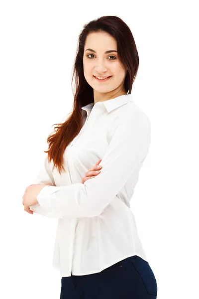 Zakenvrouw Wit Overhemd Een Zwarte Rok Poseren Studio — Stockfoto