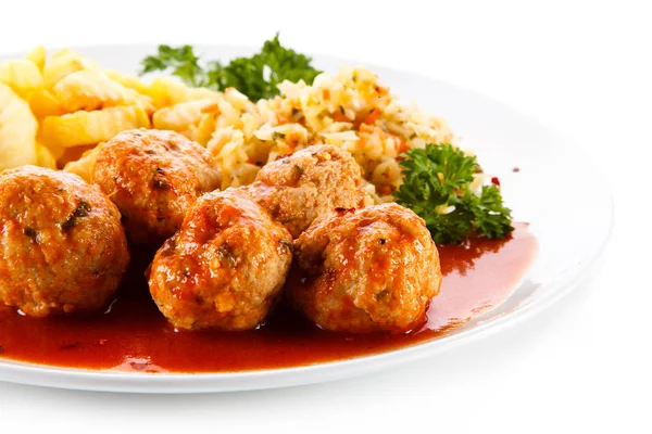 Stewed Meatballs Tomato Sauce Wavy French Fries Sauerkraut Parsley White — Stock Photo, Image