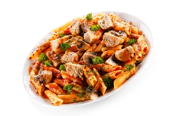 Pasta Tomato Sauce Meatballs Mushrooms Parsley White Plate — Stock Photo, Image