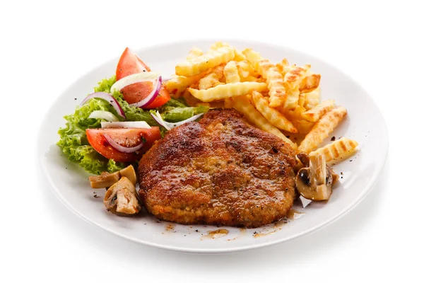 Breaded Pork Cutlet Wavy French Fries Mushrooms Fresh Vegetables Served — Stock Photo, Image