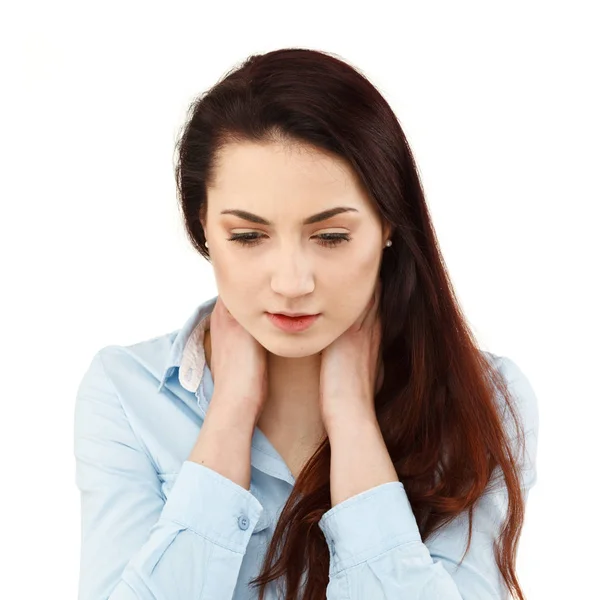 Porträtt Ung Affärskvinna Blå Skjorta Känner Smärta Nacken — Stockfoto