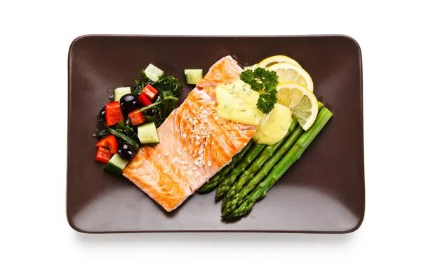 Fried Salmon Fish Asparagus Creamy Sauce Vegetable Salad — Stock Photo, Image