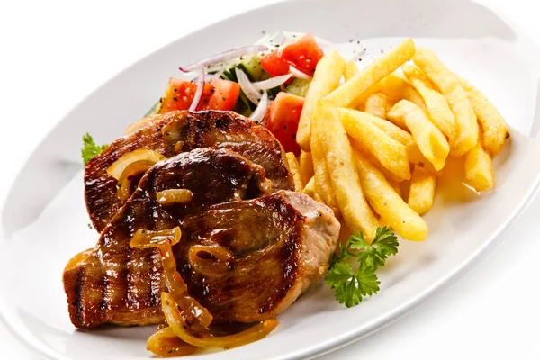 Grilled Pork Steaks French Fries Fresh Vegetables — Stock Photo, Image