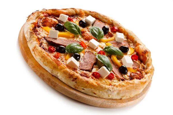 Pizza Ham Peppers Tomatoes Olives Cheese Basil Leaves — Stock Photo, Image