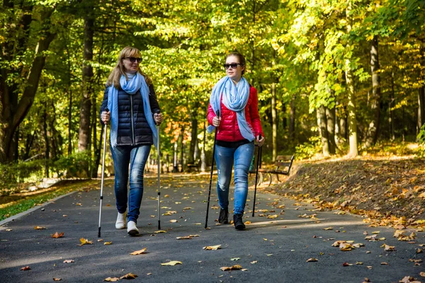 Twee Vrouwen Lopen Samen Herfst Park Met Toeristische Stokken Nordic — Stockfoto