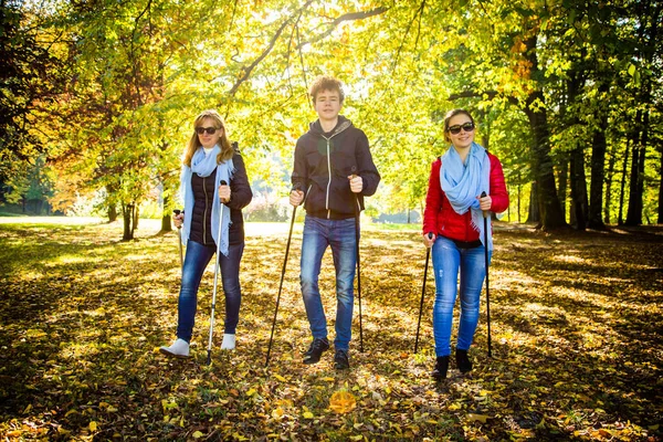 Веселая Семья Гуляющая Вместе Осеннем Парке Туристическими Палками — стоковое фото