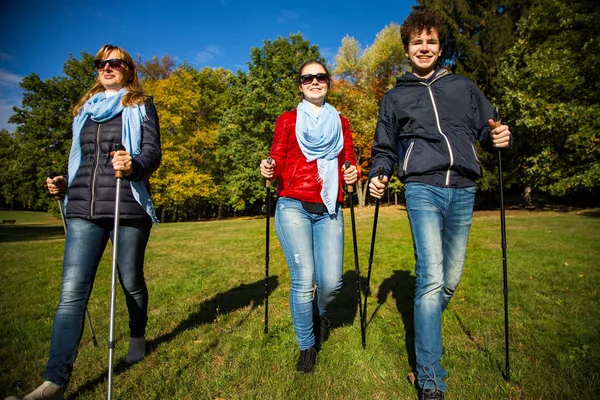 Família Caminhando Junto Prado Outonal Com Paus Turísticos — Fotografia de Stock