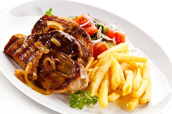 Steaks Porc Grillés Avec Frites Légumes Frais — Photo