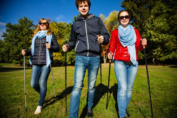Gyaloglás Együtt Őszi Réten Turisztikai Botokkal Család — Stock Fotó