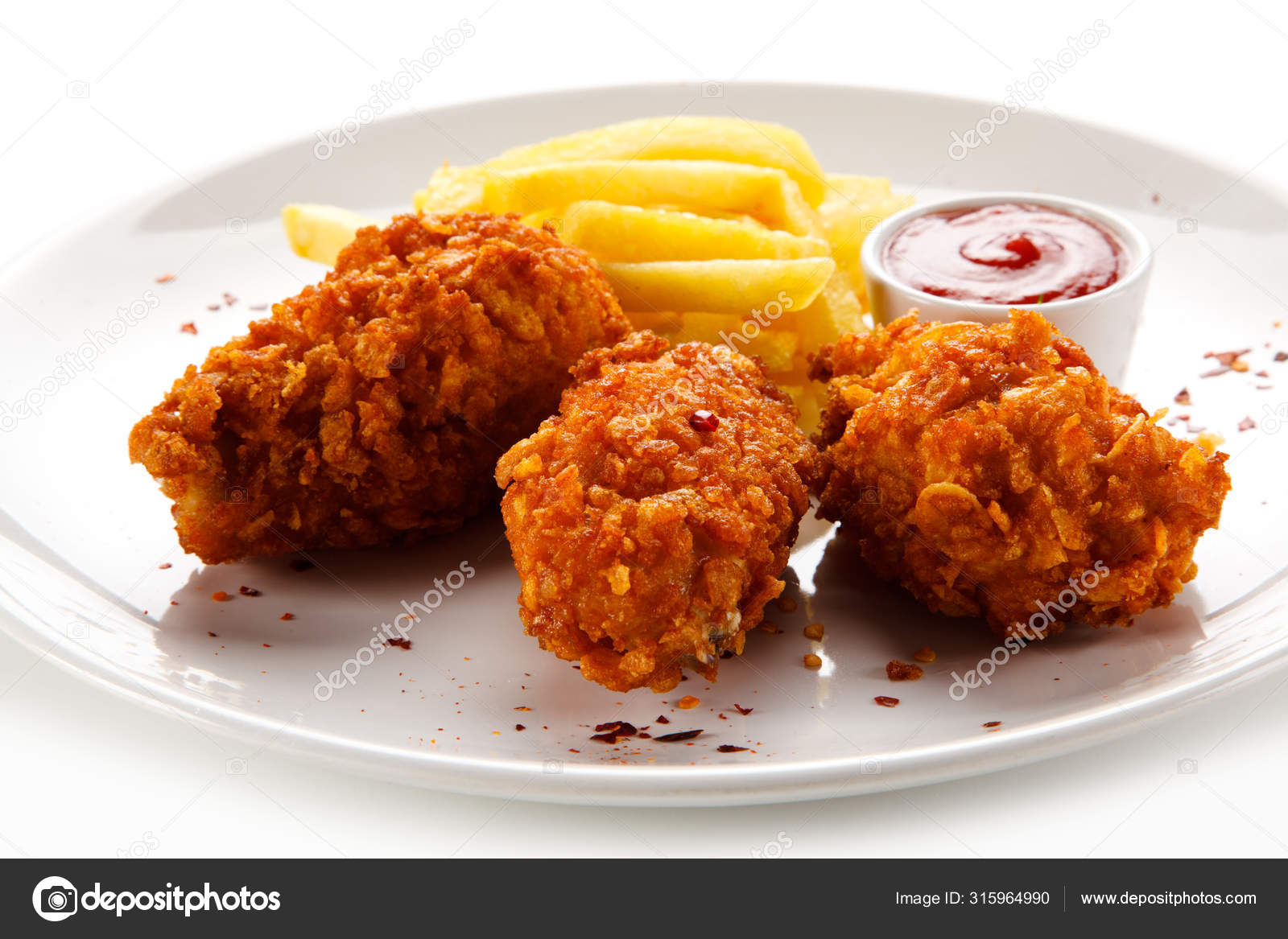Deep Fried Breaded Chicken Wings French Fries Bbq Sauce White Stock