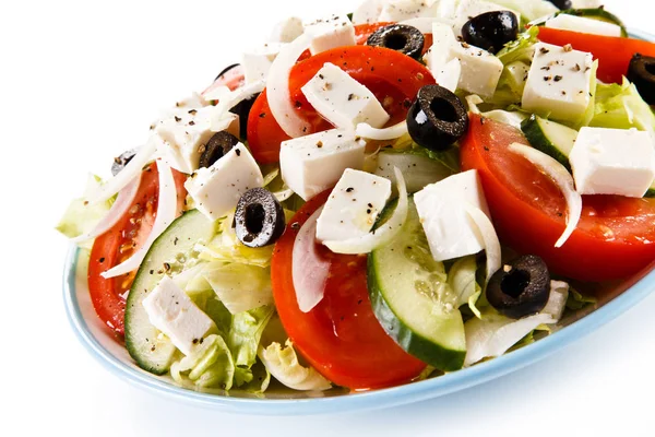 Salada Grega Saudável Servida Prato Branco — Fotografia de Stock
