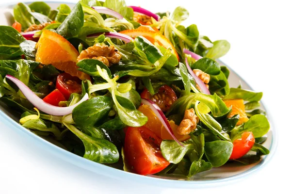 Vegetarian Salad Vegetables Fruits Walnuts Served White Plate — Stock Photo, Image