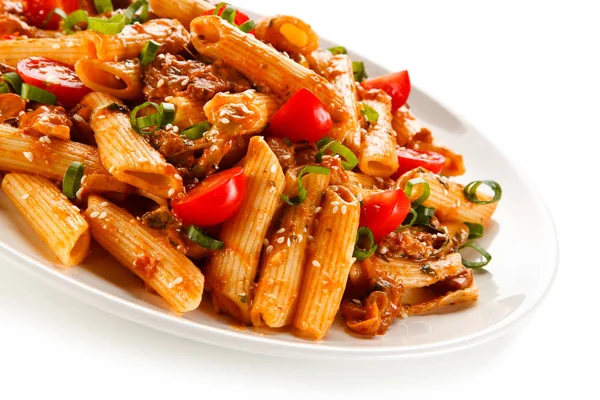 Pasta Bologese Cherry Tomatoes Chopped Spring Onion — Stock Photo, Image